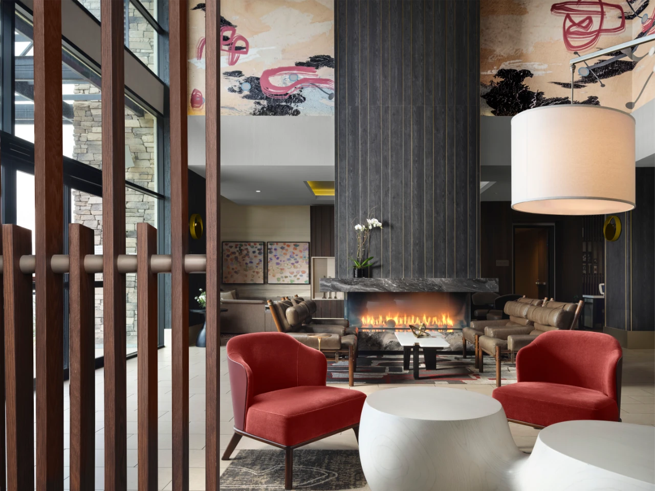 Interior of The Knoll Lobby with fireplace