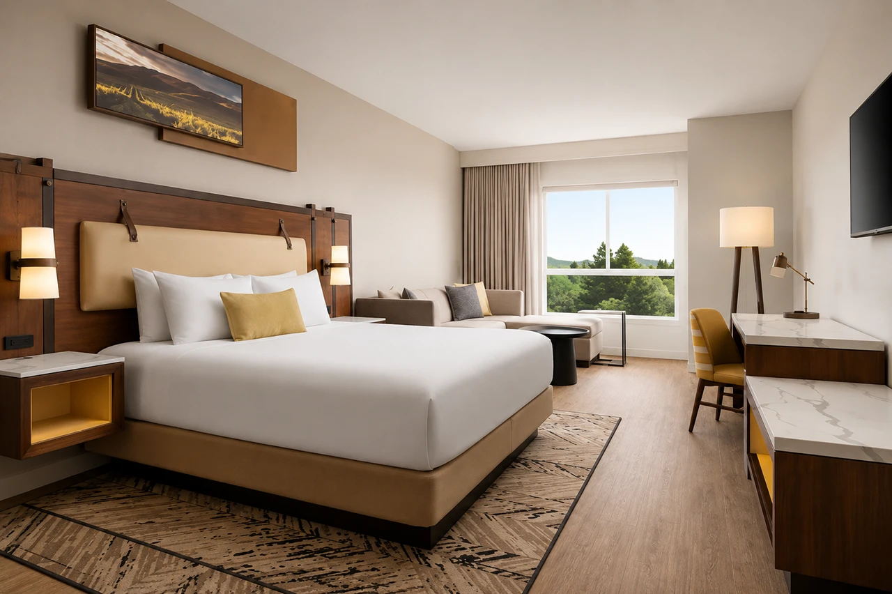 Hotel Centro deluxe king room with a sectional sofa bed, desk, vineyard artwork, and a window overlooking green trees