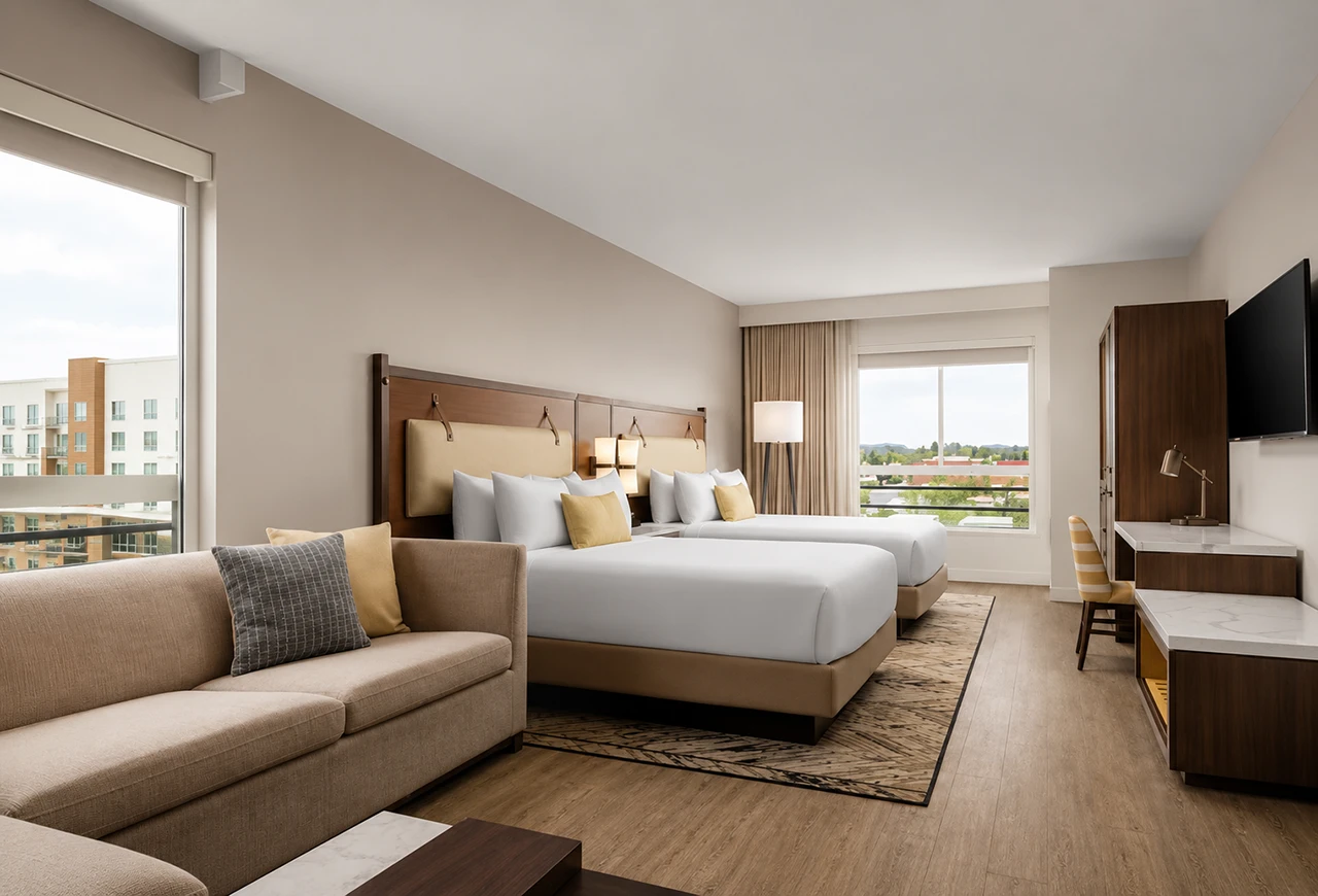 Deluxe hotel room with two queen beds, a beige sectional sofa, desk, wall-mounted TV, and large windows with city views
